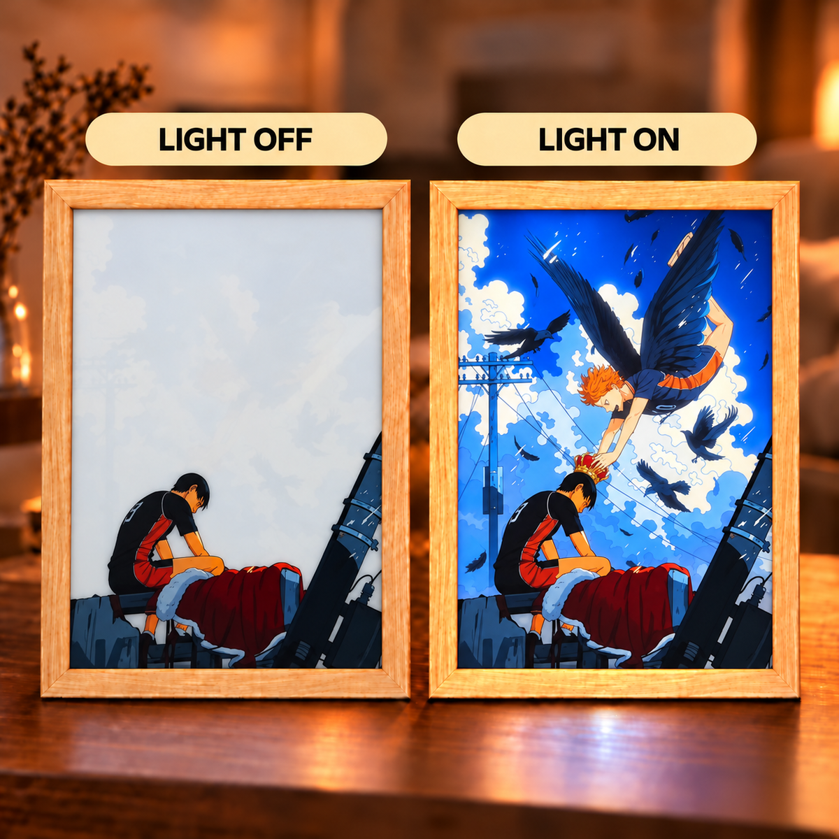Haikyuu Crowning Flight illuminated art — light-off seated volleyball player and light-on winged orange-haired player placing a crown beneath a blue sky
