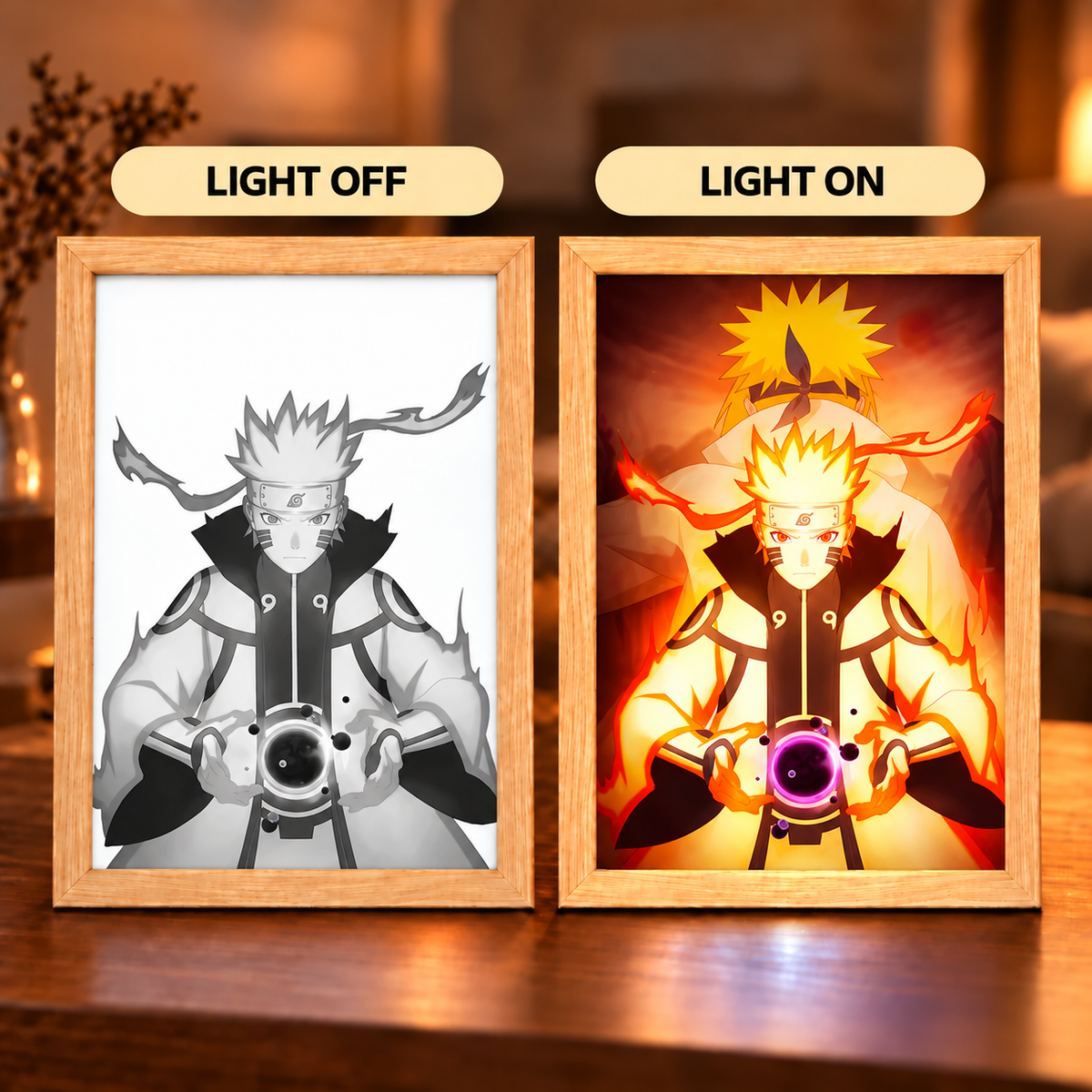 Naruto & Minato — monochrome light-off Naruto portrait and golden light-on father-and-son reveal in wooden frames