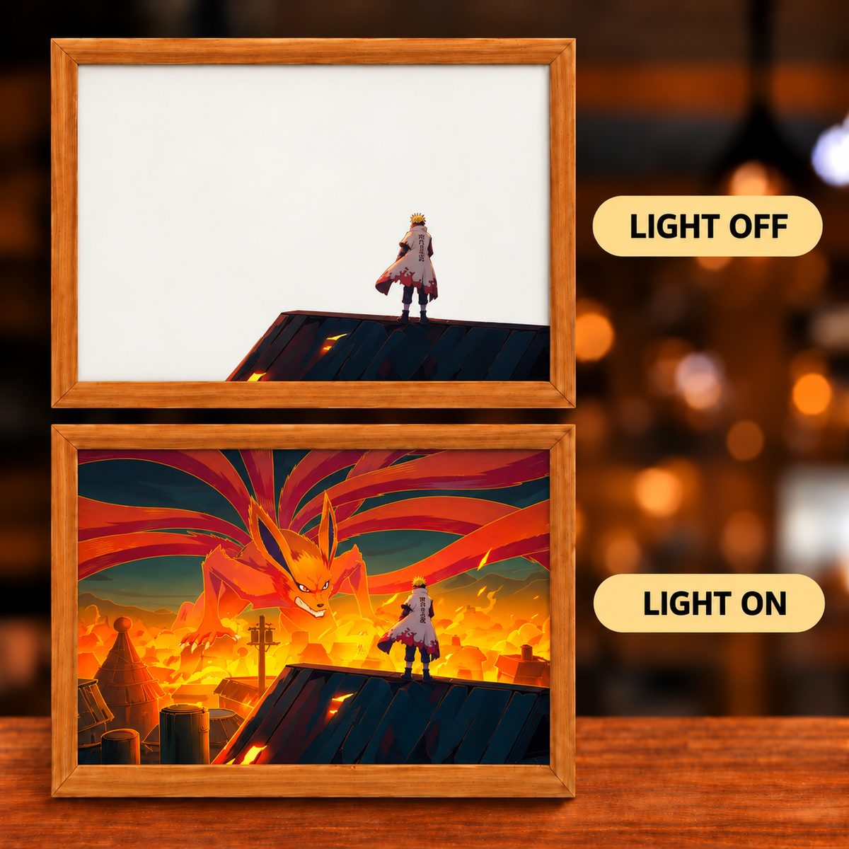 Nine-Tails Invasion illuminated art — light-off Hokage rooftop scene and light-on Kurama reveal in wooden frames