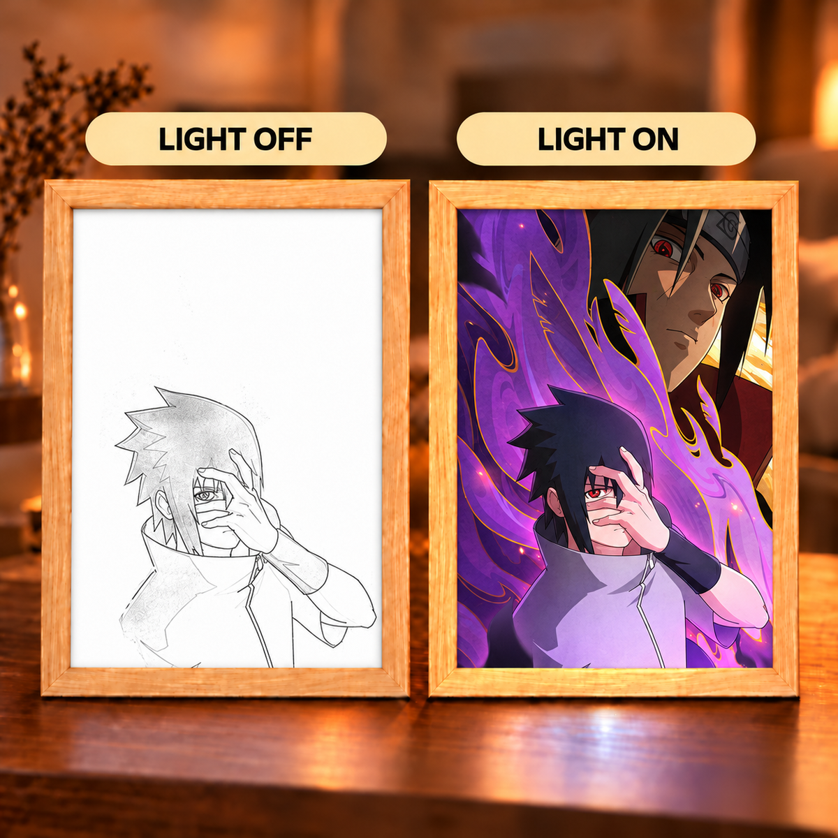 Sasuke and Itachi illuminated art shown with a light-off Sasuke sketch and a light-on purple Susanoo scene