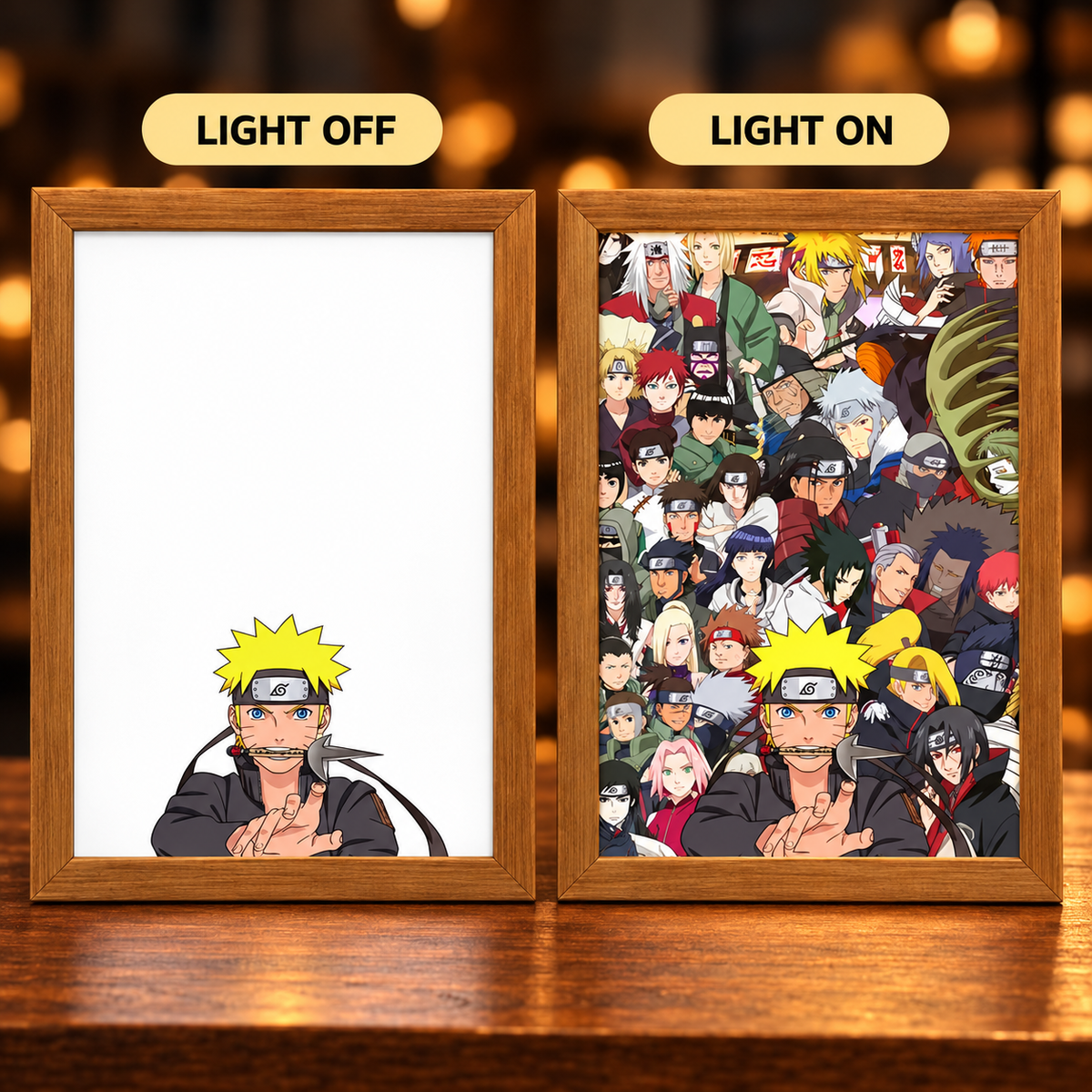Shinobi Legacy Naruto-inspired illuminated art — light-off Naruto portrait and light-on colorful shinobi character ensemble in wooden frames