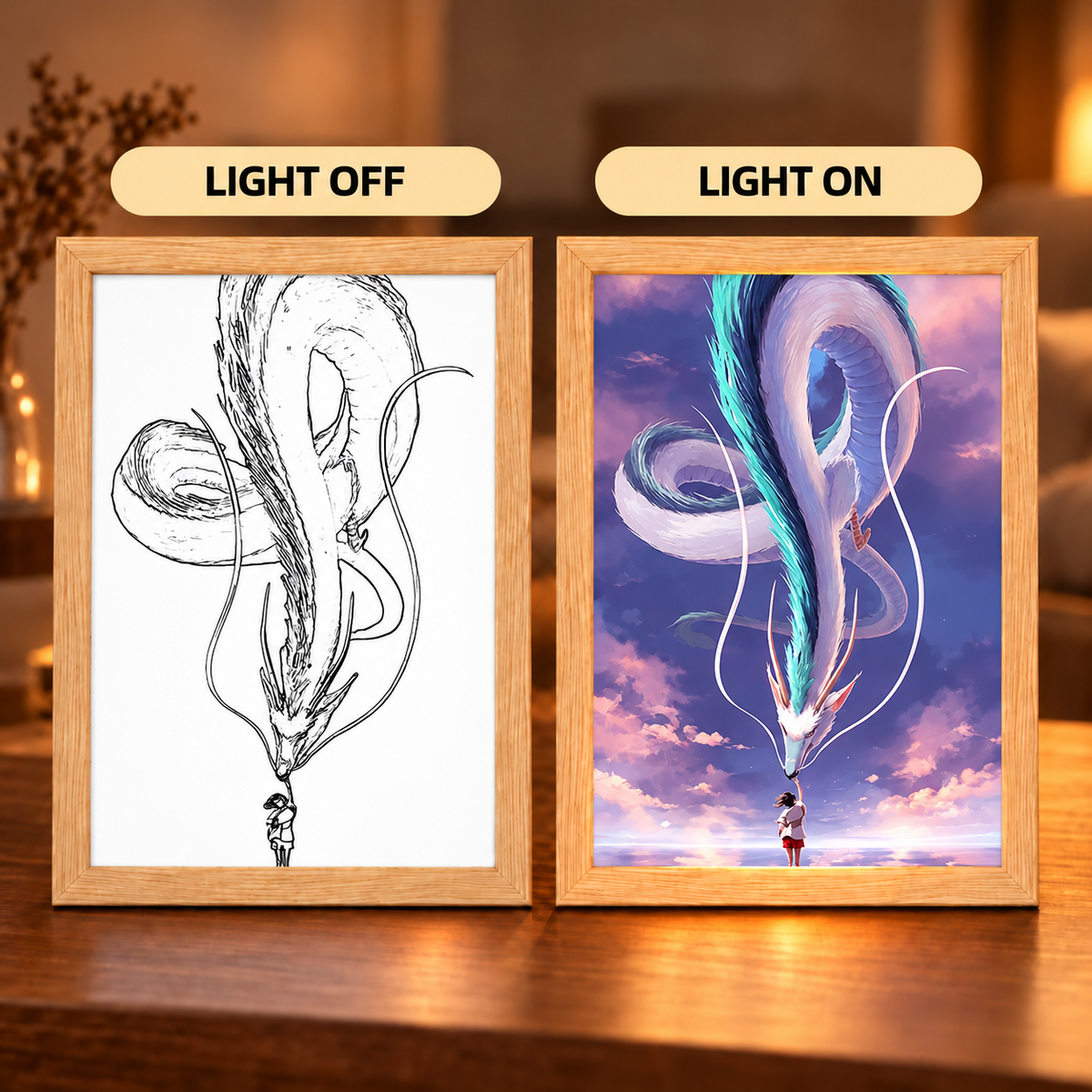 Spirit Dragon Encounter illuminated art shown with light off and light on