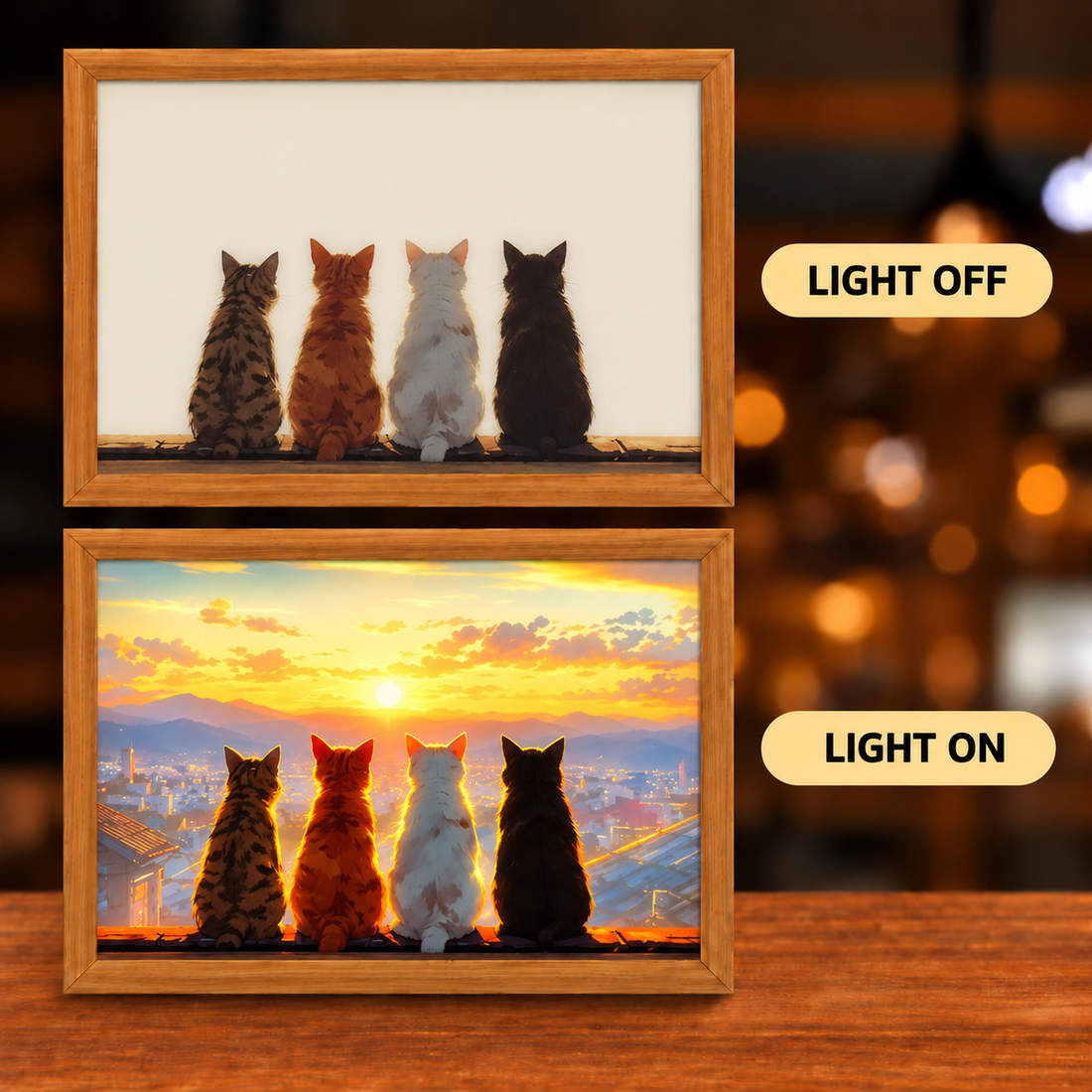 Four Cats at Sunset illuminated art — four cats against an ivory light-off background and a golden city sunset when illuminated