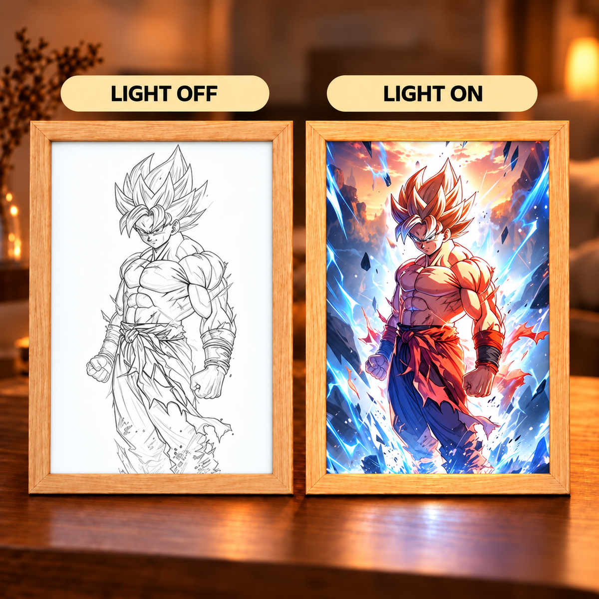 Goku Awakening illuminated art — light-off Goku line drawing and light-on blue-white energy scene in wooden frames