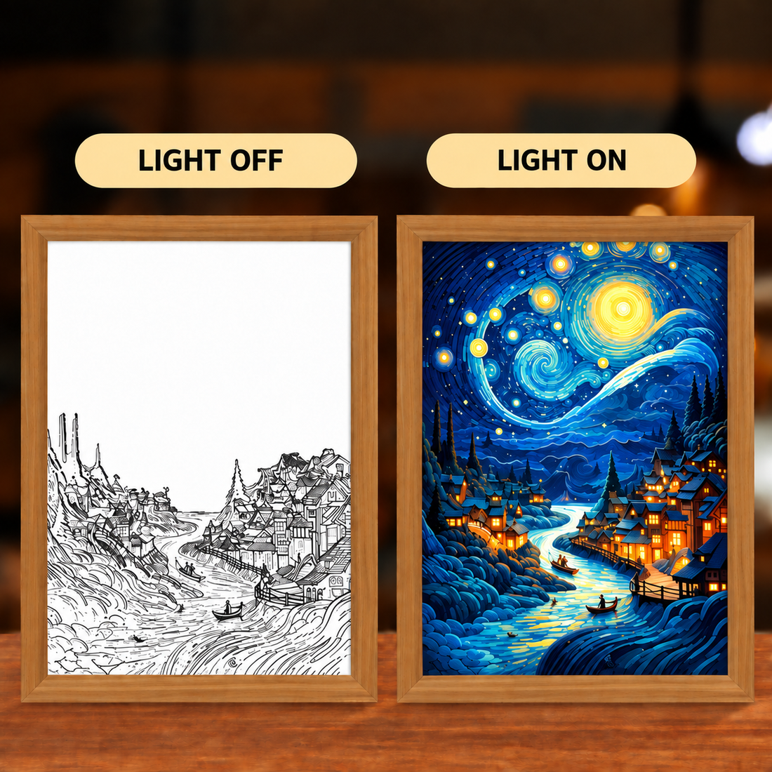 Moonlit River Reverie illuminated art — light off and light on comparison