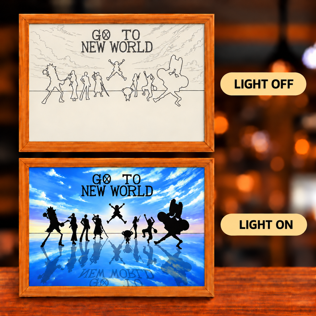 Go to New World illuminated art light off and light on comparison with cloud linework