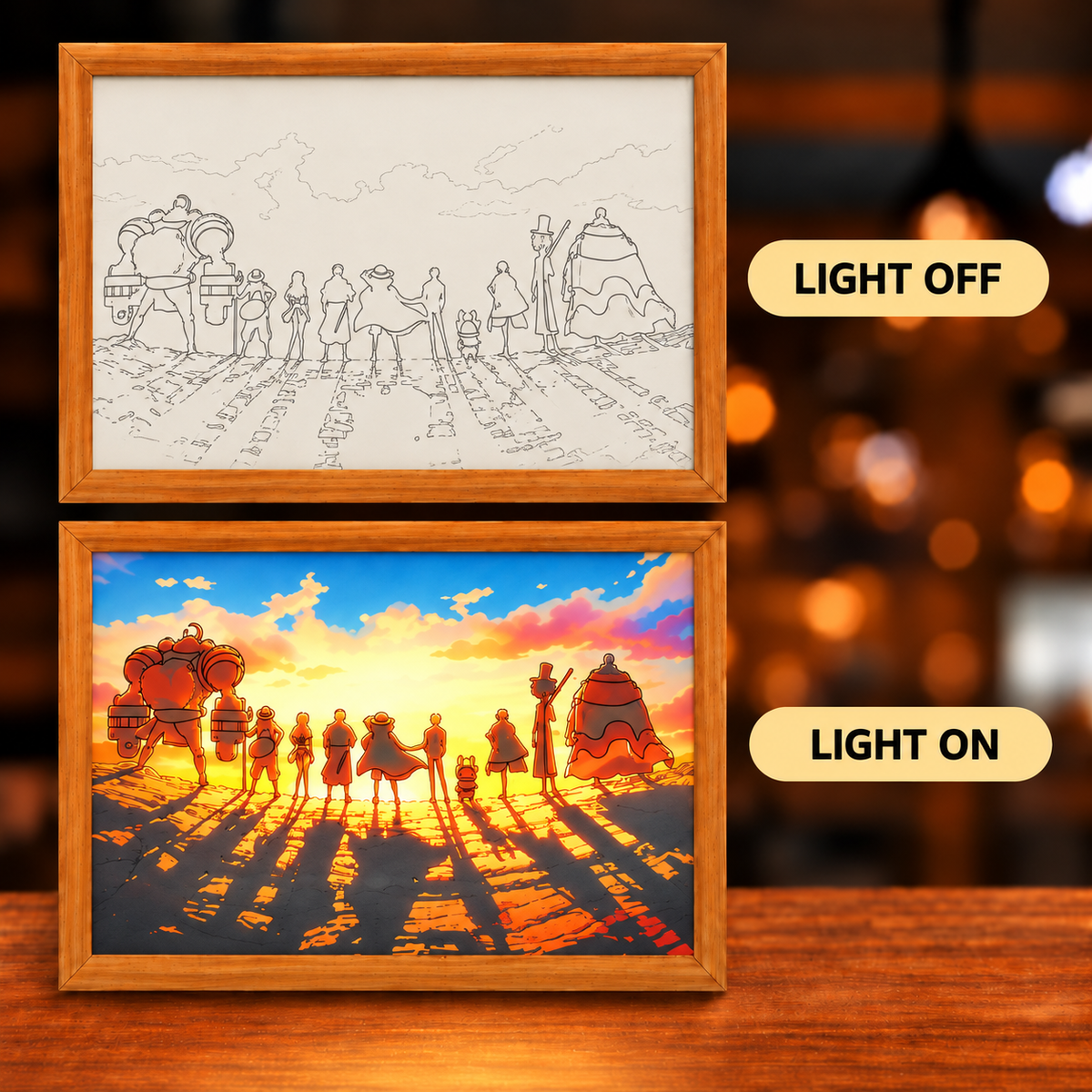 Straw Hat Crew illuminated art — vertically stacked light-off line art and light-on sunset comparison, with gold LIGHT OFF and LIGHT ON labels