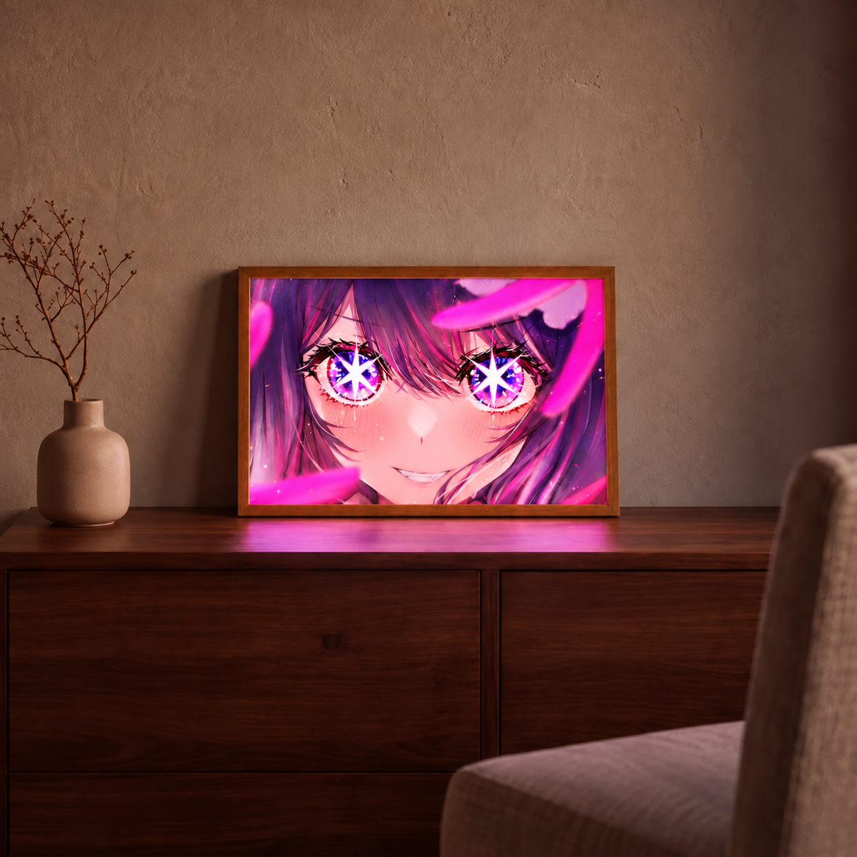 Ai Hoshino pink-violet illuminated art in a wooden frame displayed on a cabinet