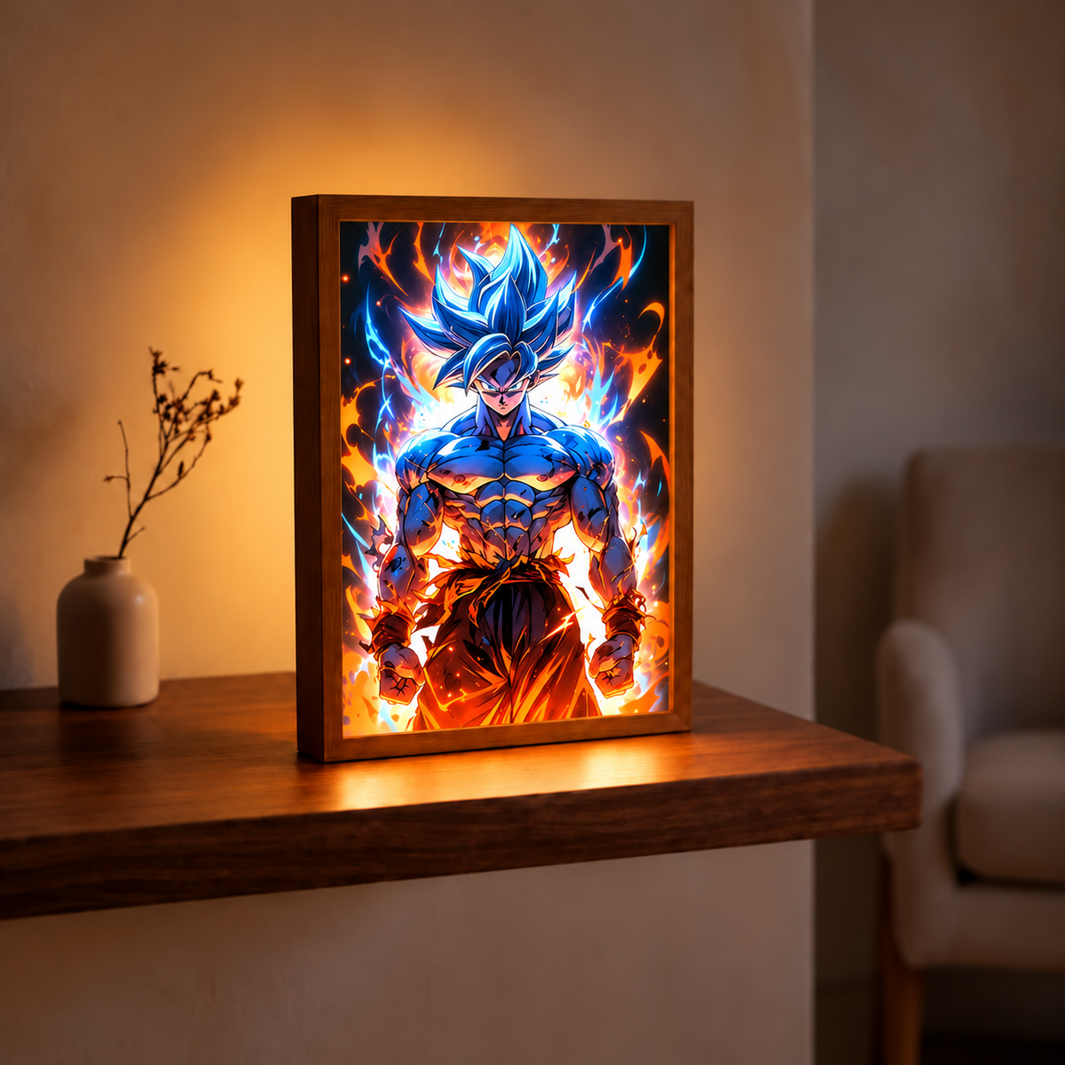 Beyond the Limit Dragon Ball-inspired illuminated art displayed in a warm room
