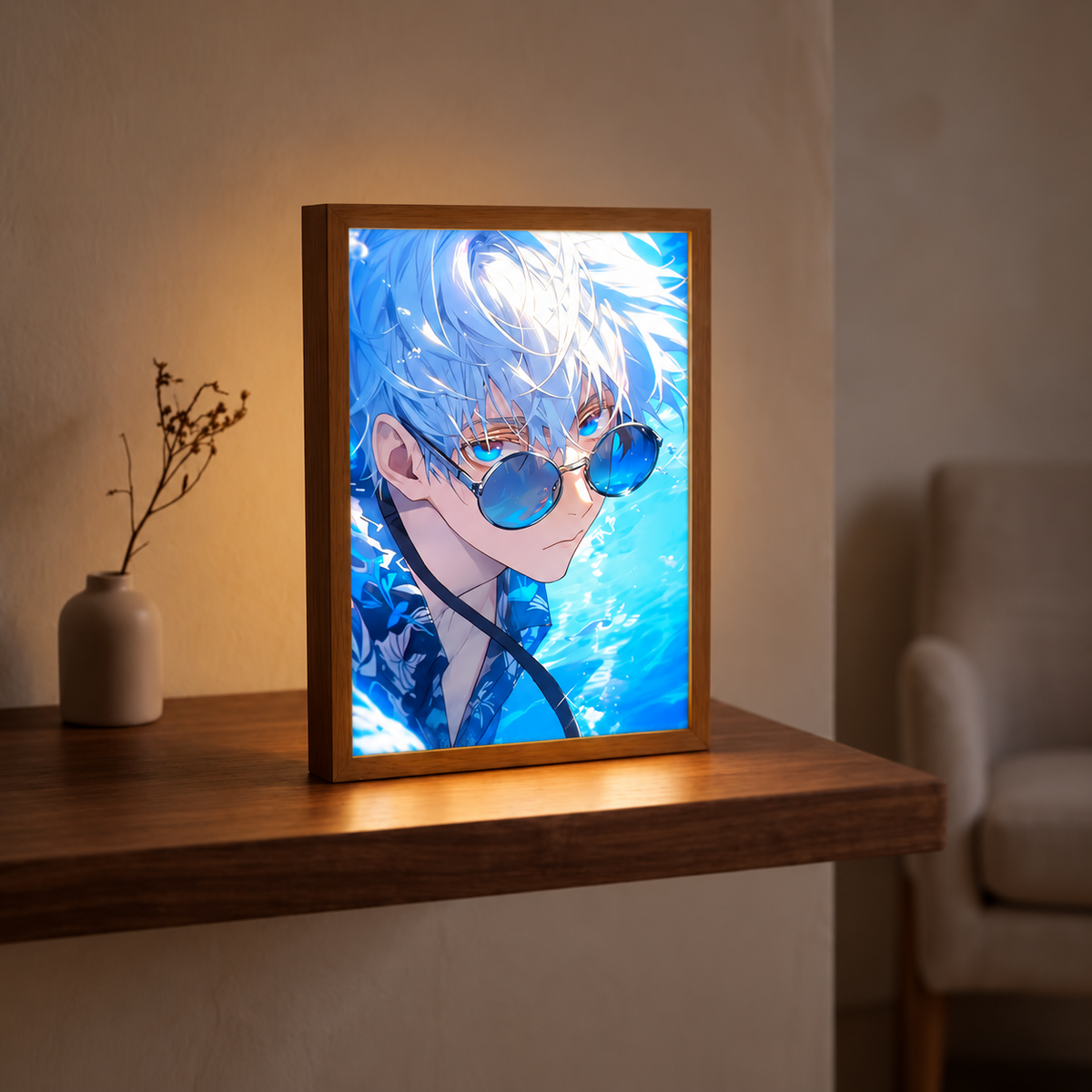 Sapphire Gaze illuminated anime art displayed on a wooden table