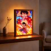 Burning Will One Piece-inspired illuminated art displayed in a warm room