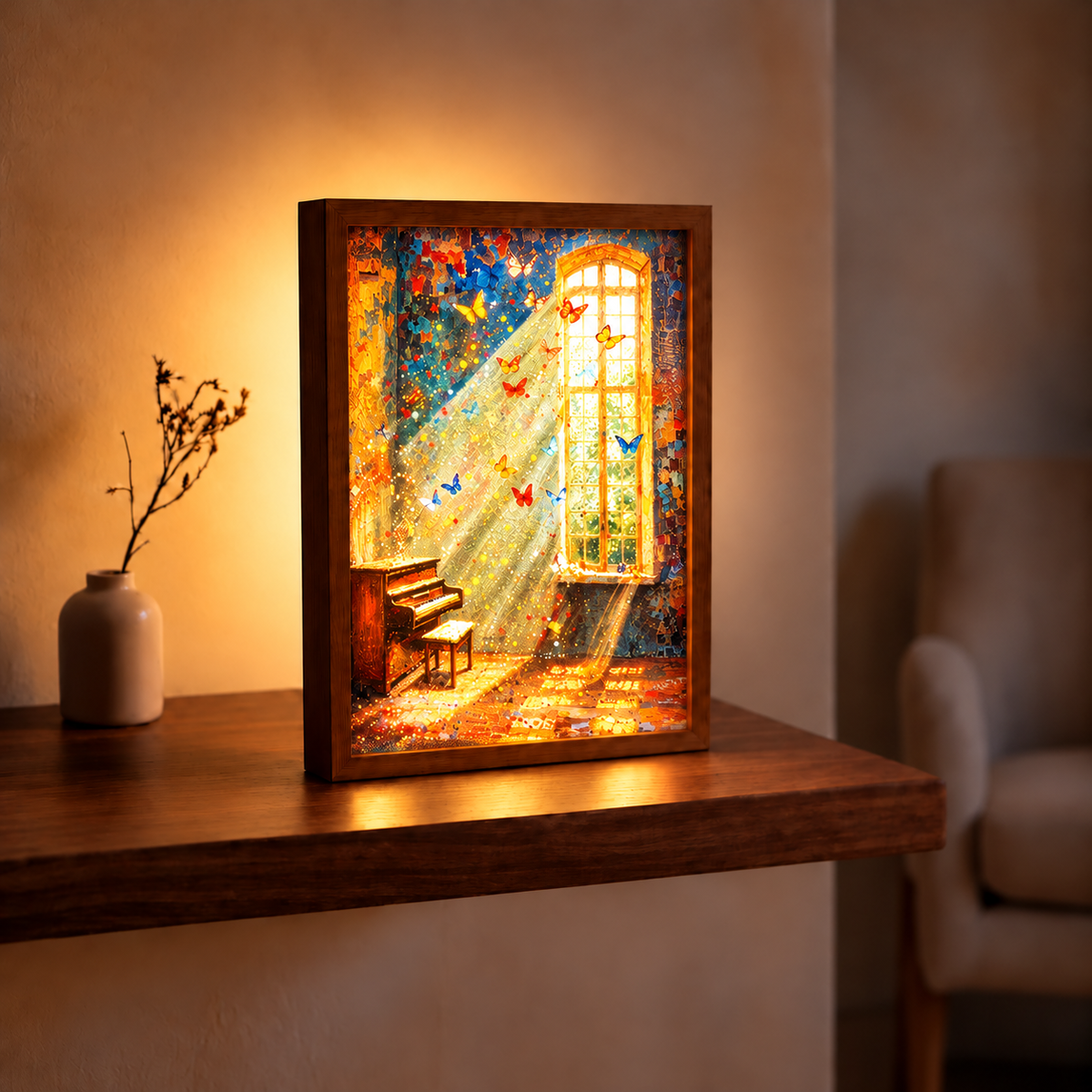 Butterfly Piano Reverie illuminated piano, butterflies and golden arched window artwork displayed on a wooden shelf