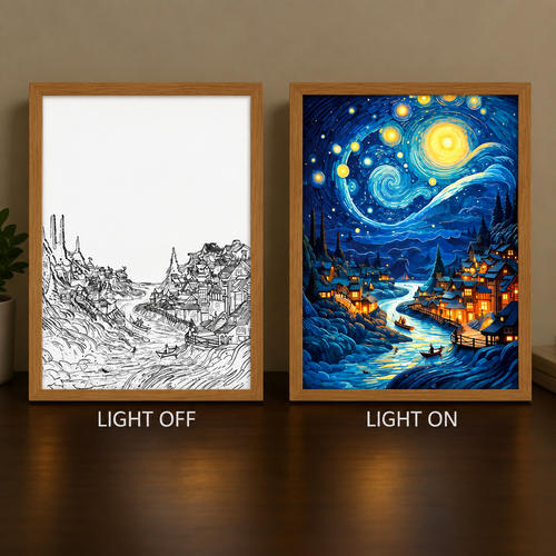 Moonlit River Reverie illuminated art — light off and light on comparison