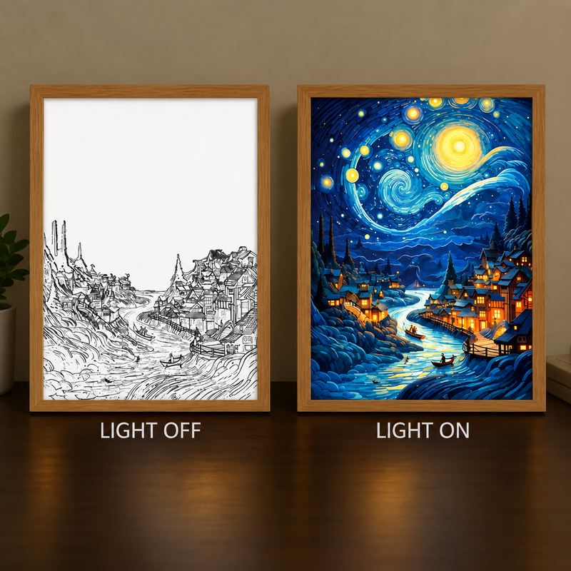 Moonlit River Reverie illuminated art — light off and light on comparison