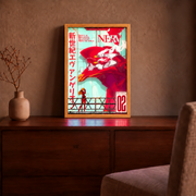 Crimson Pilot 02 illuminated artwork in a natural wood frame on a walnut cabinet in a warm living room