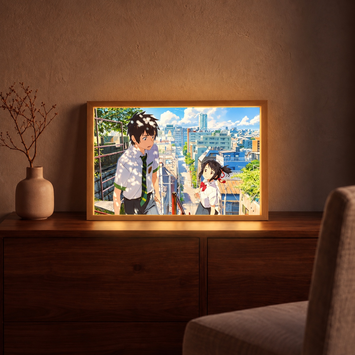 When Our Paths Meet glowing framed art displayed on a wooden cabinet