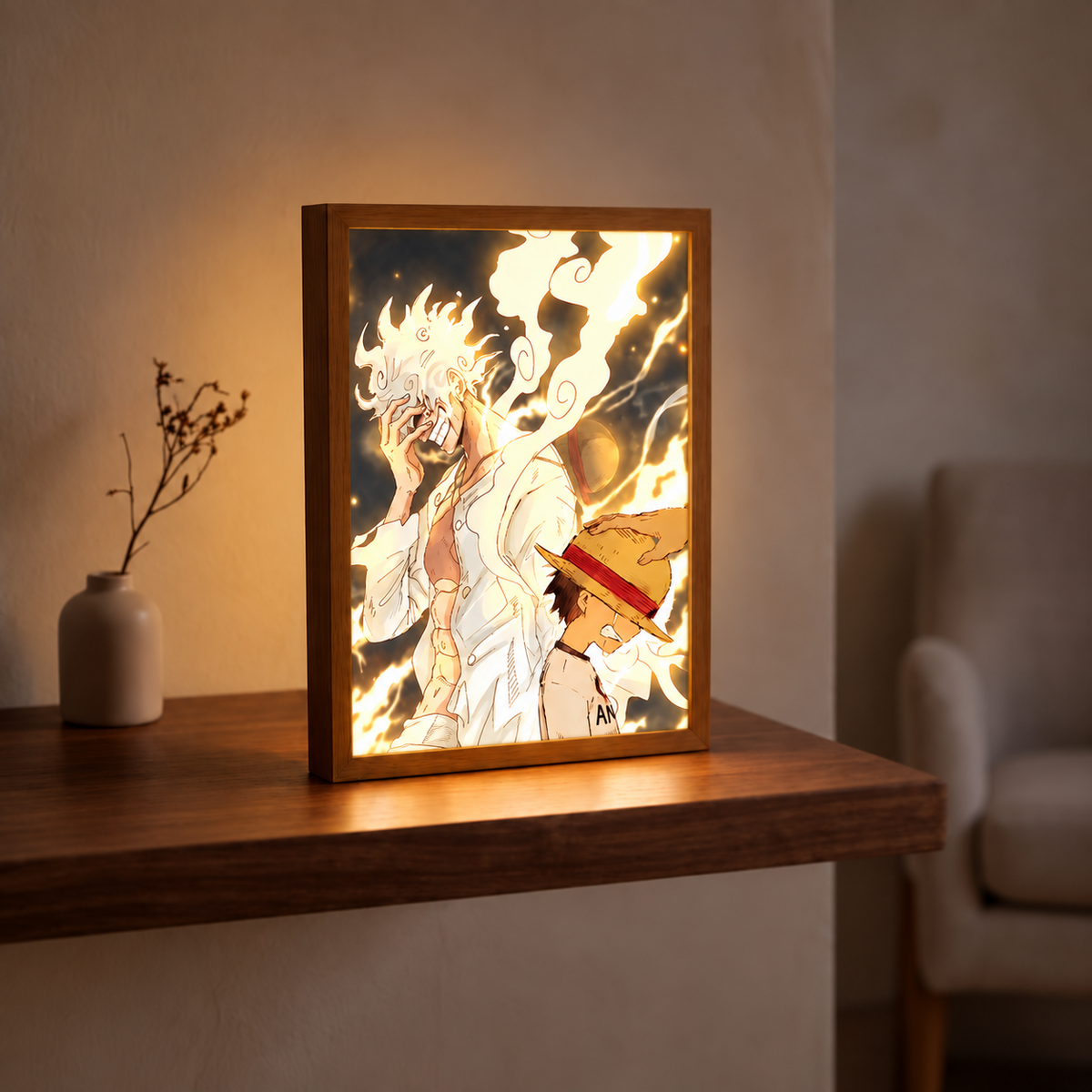 Dawn of Freedom glowing framed art displayed on a wooden table