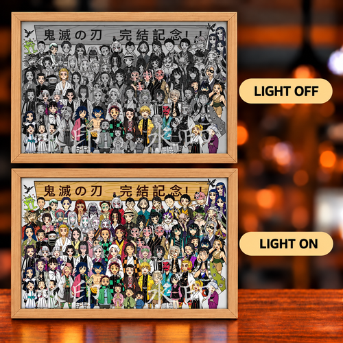 Demon Slayer Reunion illuminated art shown with the light off and light on