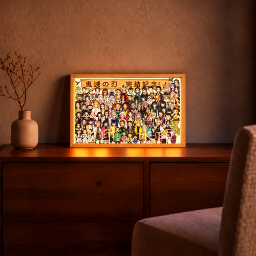 Demon Slayer Reunion illuminated ensemble artwork displayed on a wooden cabinet in a warm room