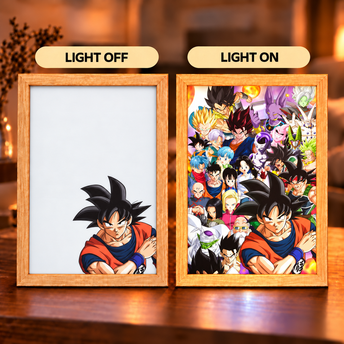 Dragon Ball Heroes illuminated art — Goku on a pale background with the light off and a colorful character ensemble with the light on