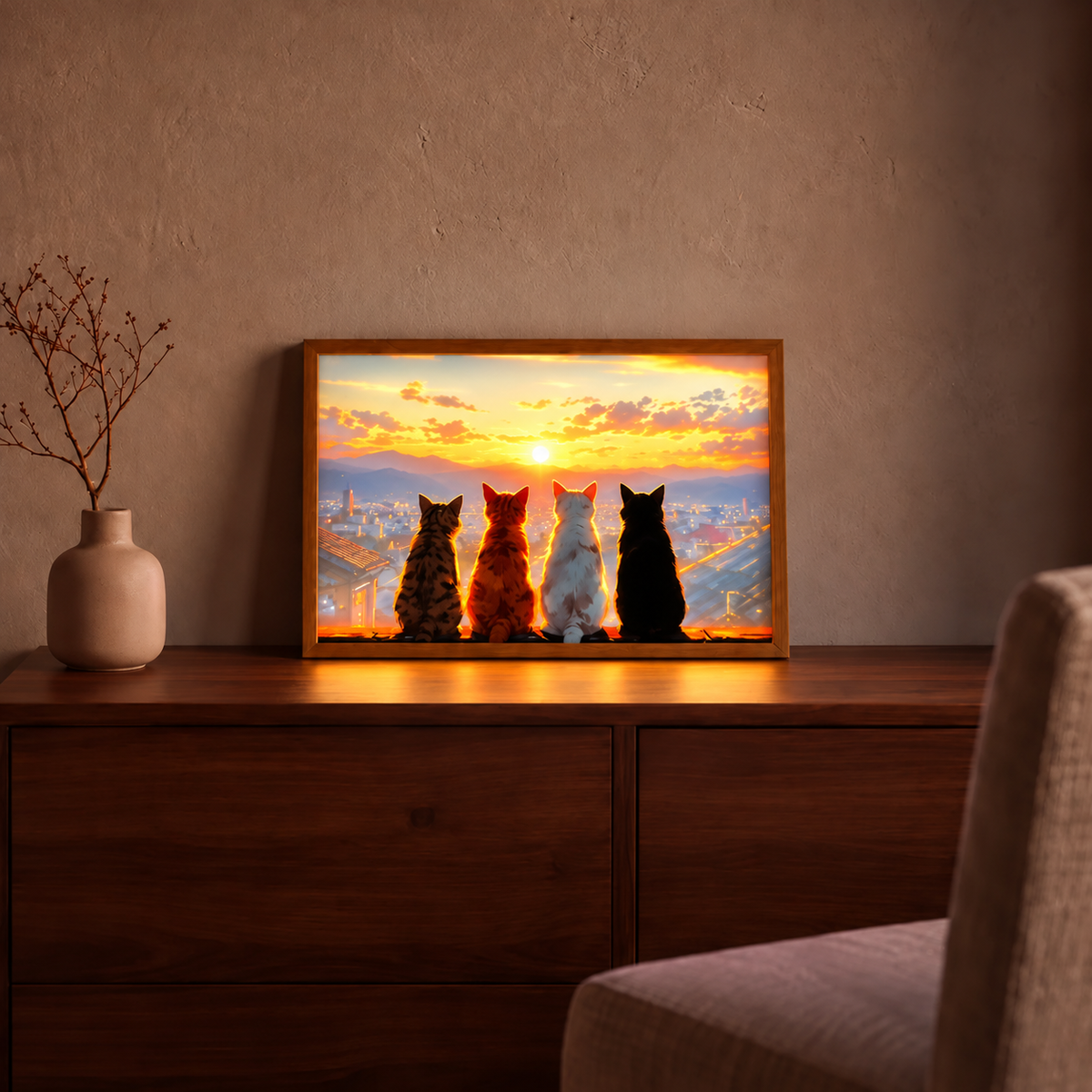 Four Cats at Sunset illuminated art in a natural wood frame displayed on a walnut cabinet beside a beige vase in a warm living room