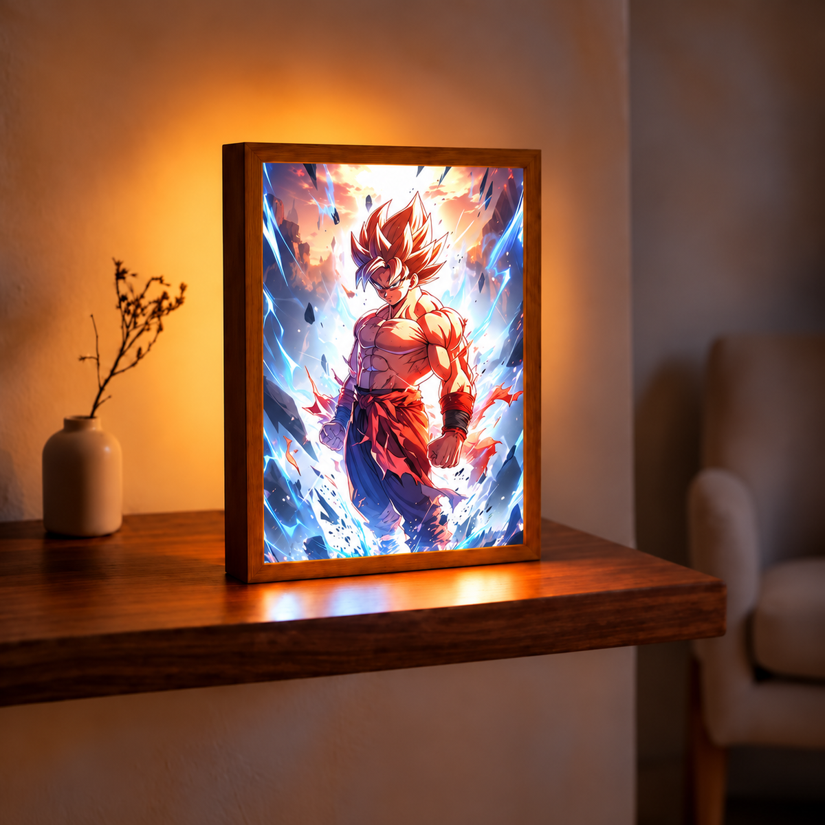 Goku Awakening illuminated art in a wooden frame on a table, with a blue-white energy scene in a warm room