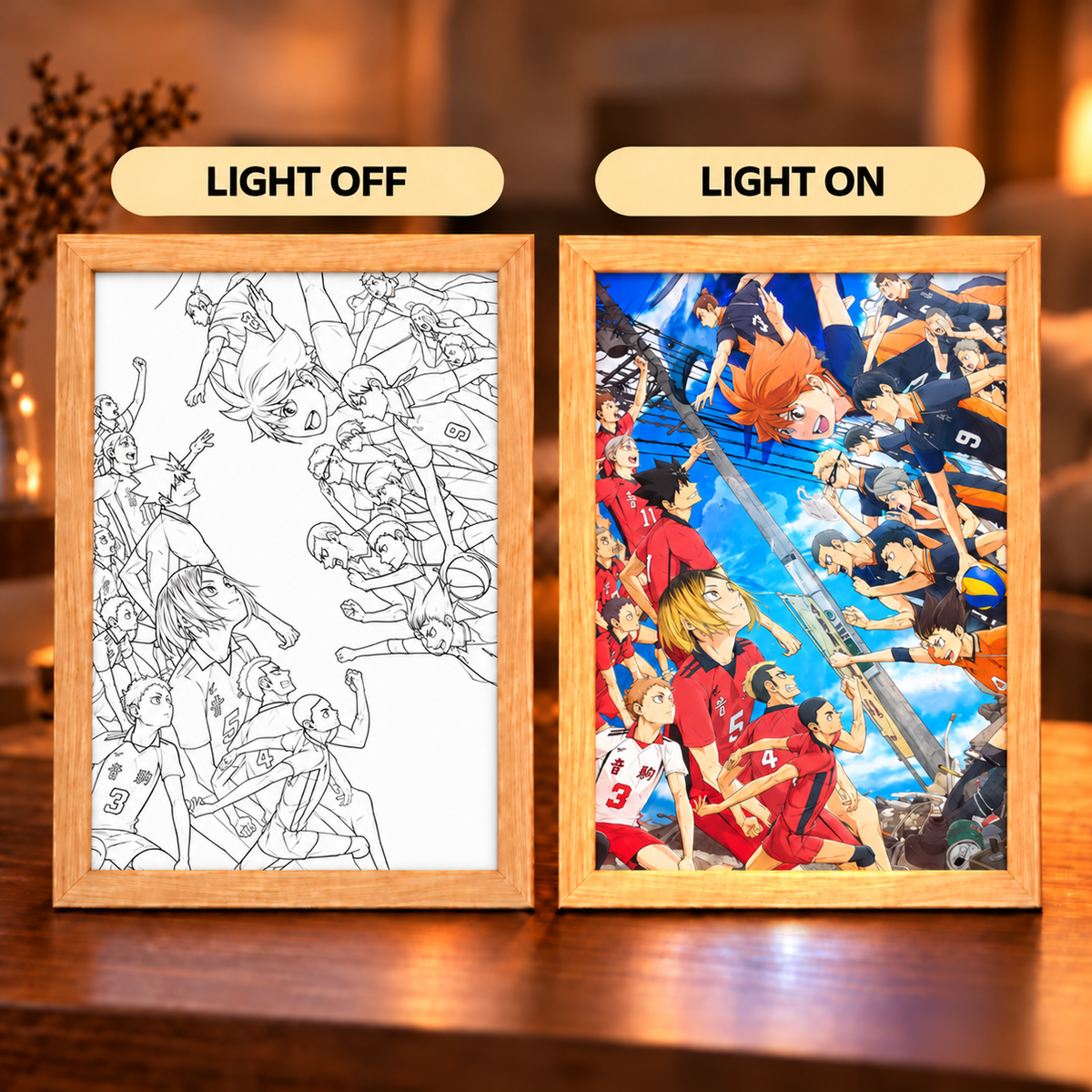 Haikyuu Rivalry illuminated art — light-off volleyball ensemble line drawing and light-on full-color artwork in wooden frames