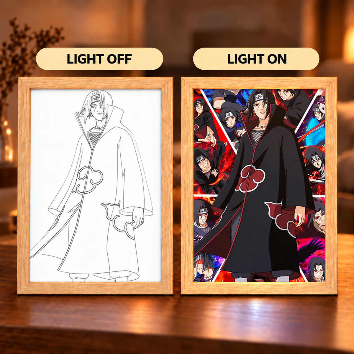 Itachi Legacy illuminated art — light-off line drawing and light-on full-color Itachi collage in wooden frames