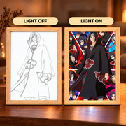 Itachi Legacy illuminated art — light-off line drawing and light-on full-color Itachi collage in wooden frames