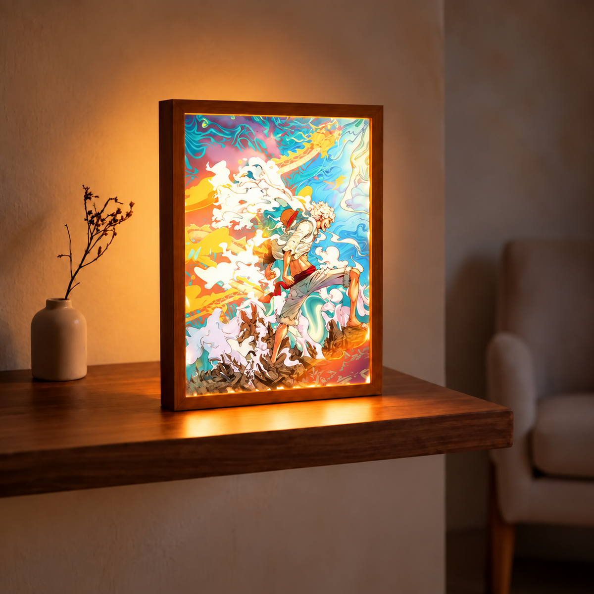 Liberation Dawn One Piece-inspired illuminated art displayed in a warm room