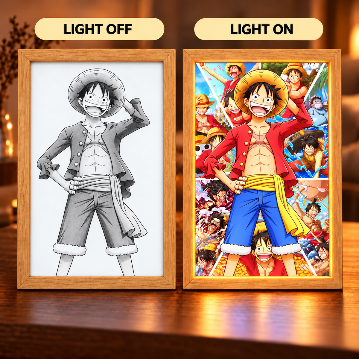 Luffy Adventure illuminated art — matching monochrome Luffy portrait and illuminated full-color One Piece collage in wooden frames