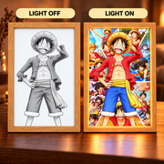 Luffy Adventure illuminated art — matching monochrome Luffy portrait and illuminated full-color One Piece collage in wooden frames