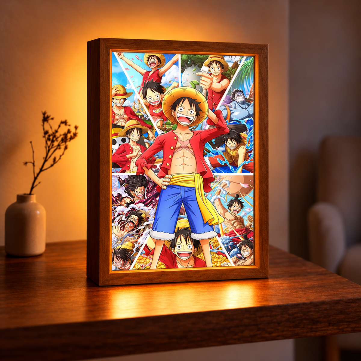 Luffy Adventure illuminated wooden frame with colorful One Piece collage on a wooden table in a warmly lit room