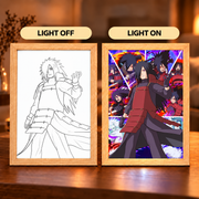 Madara Legacy illuminated art — light-off line portrait and light-on full-color Madara collage in wooden frames