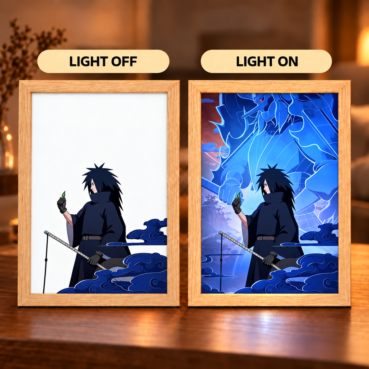 Madara Uchiha illuminated art with light off and light on, revealing a glowing blue Susanoo