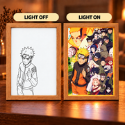 Naruto Shinobi Legacy illuminated art — light-off Naruto line drawing and light-on colorful Naruto character collage in wooden frames
