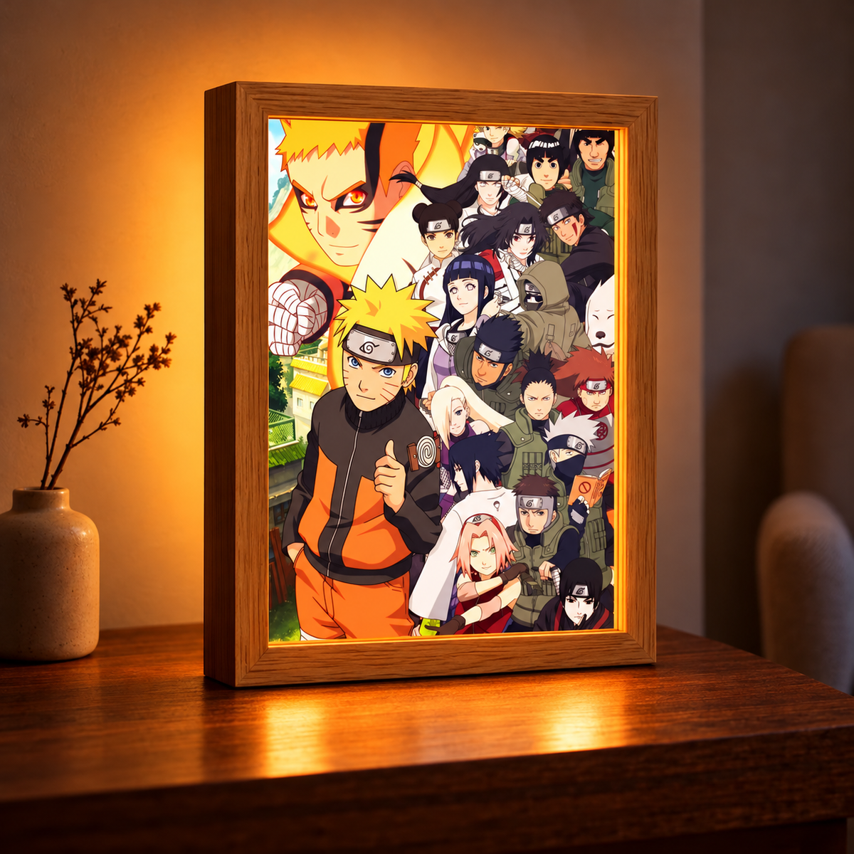 Naruto Shinobi Legacy illuminated wooden frame displaying the colorful Naruto ensemble on a walnut table in a warm room
