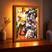 Naruto Shinobi Legacy illuminated wooden frame displaying the colorful Naruto ensemble on a walnut table in a warm room