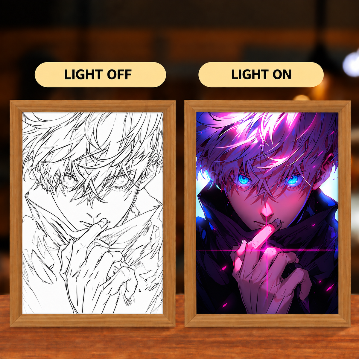 Neon Infinity Awakening illuminated art — light off and light on comparison
