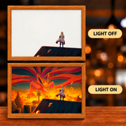 Nine-Tails Invasion illuminated art — light-off Hokage rooftop scene and light-on Kurama reveal in wooden frames