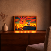 Nine-Tails Invasion illuminated art in a wooden frame on a cabinet with an orange glow in a warm room