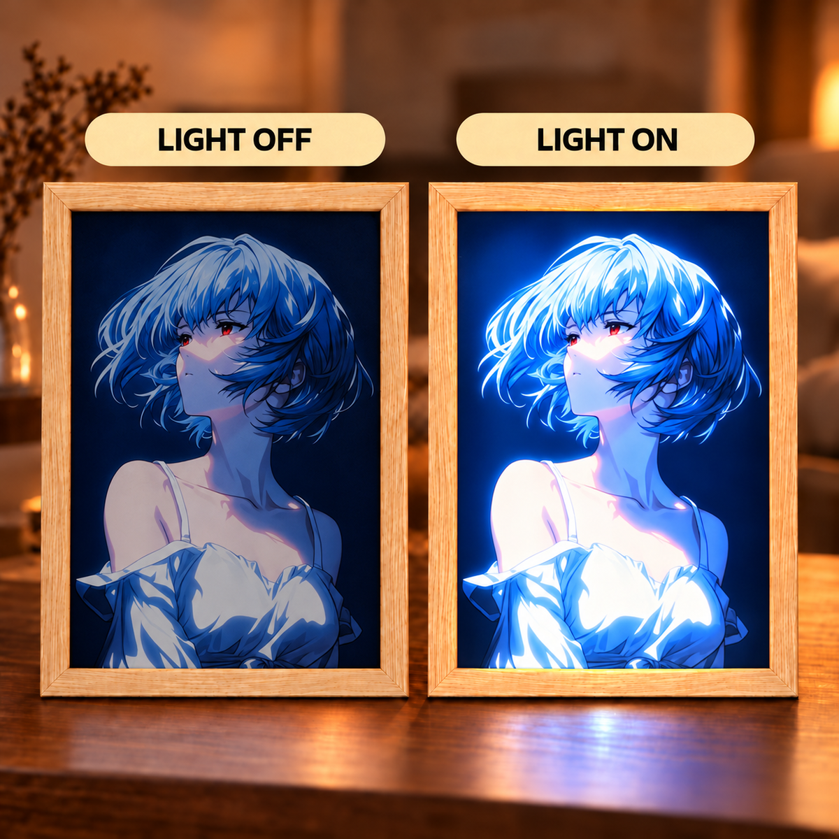 Rei Ayanami Blue Reverie illuminated anime art — light off and light on comparison