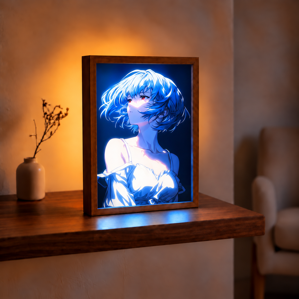 Rei Ayanami illuminated artwork in a wooden frame on a warm-lit shelf