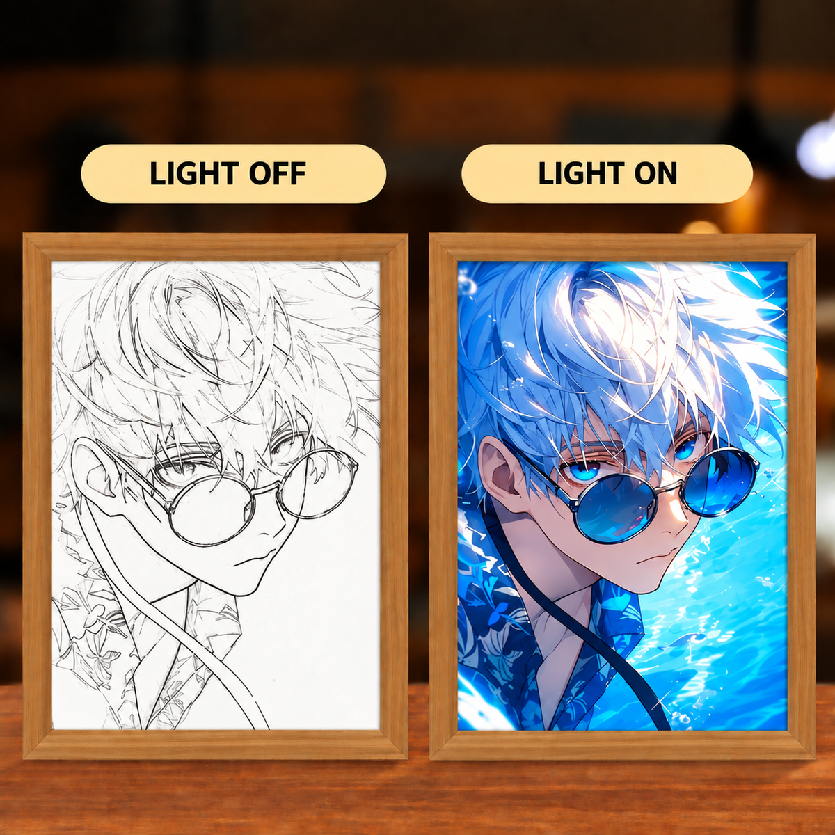 Sapphire Gaze illuminated art — light off and light on comparison
