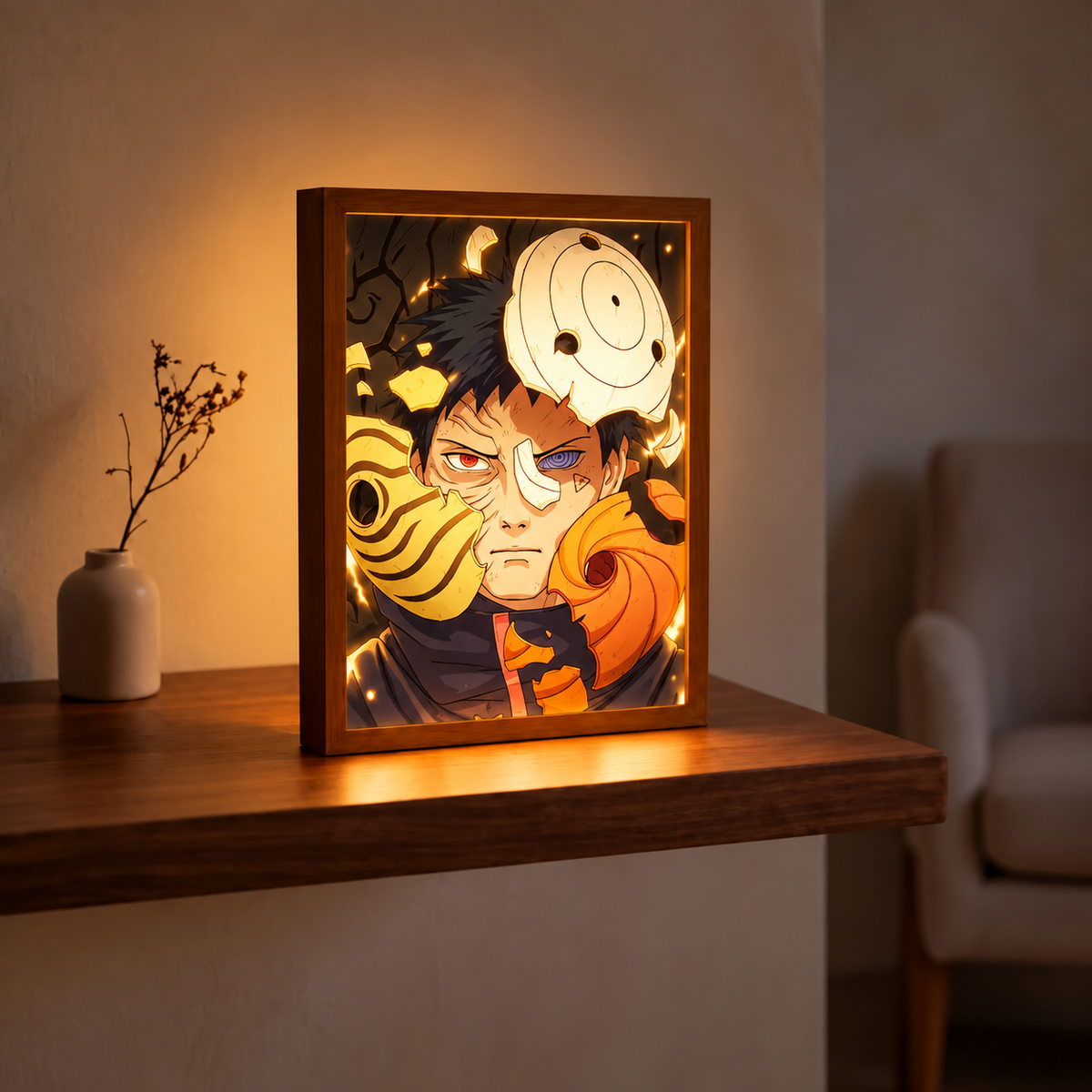 Shattered Mask Naruto-inspired illuminated art displayed in a warm room