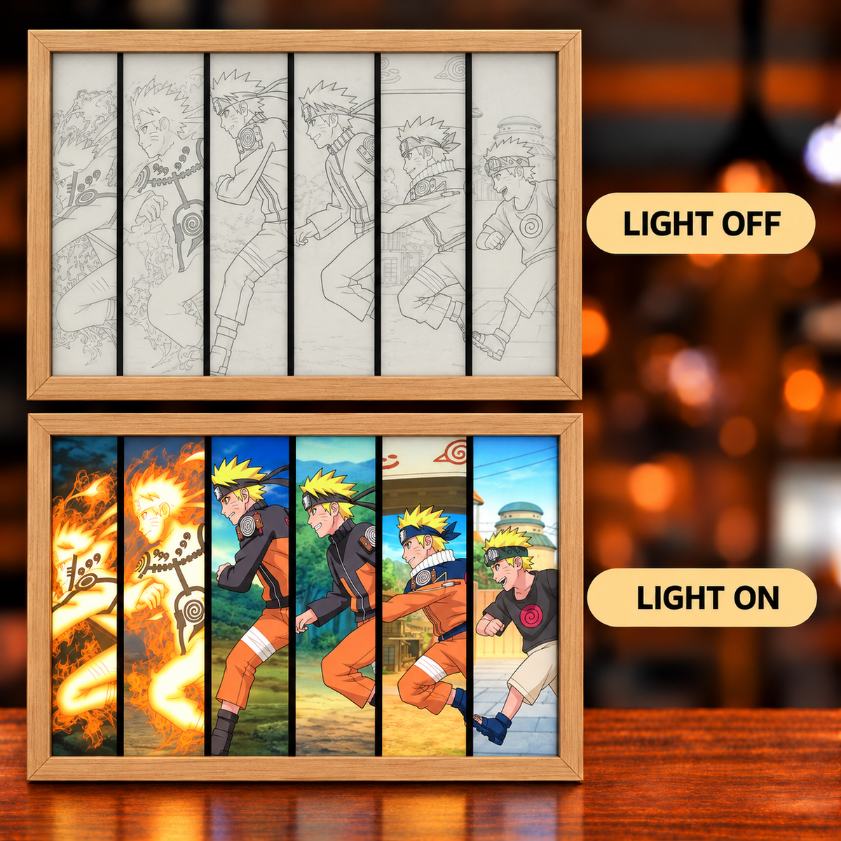 Shinobi Evolution Naruto six-panel illuminated art shown with light off and light on