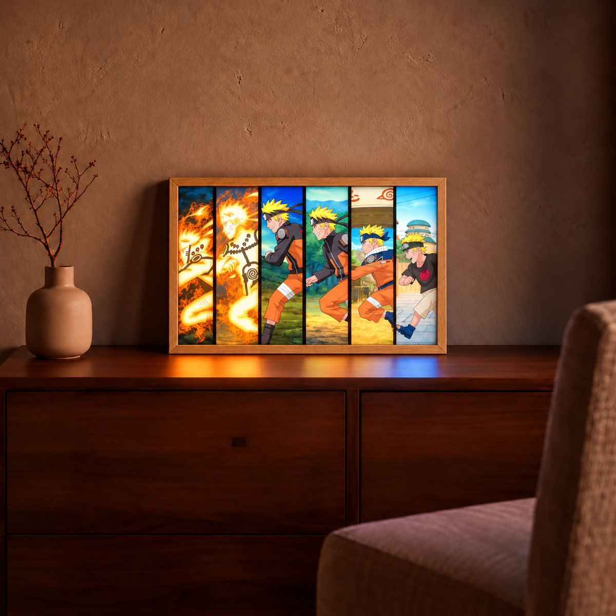 Shinobi Evolution Naruto six-panel light art displayed in a warm room