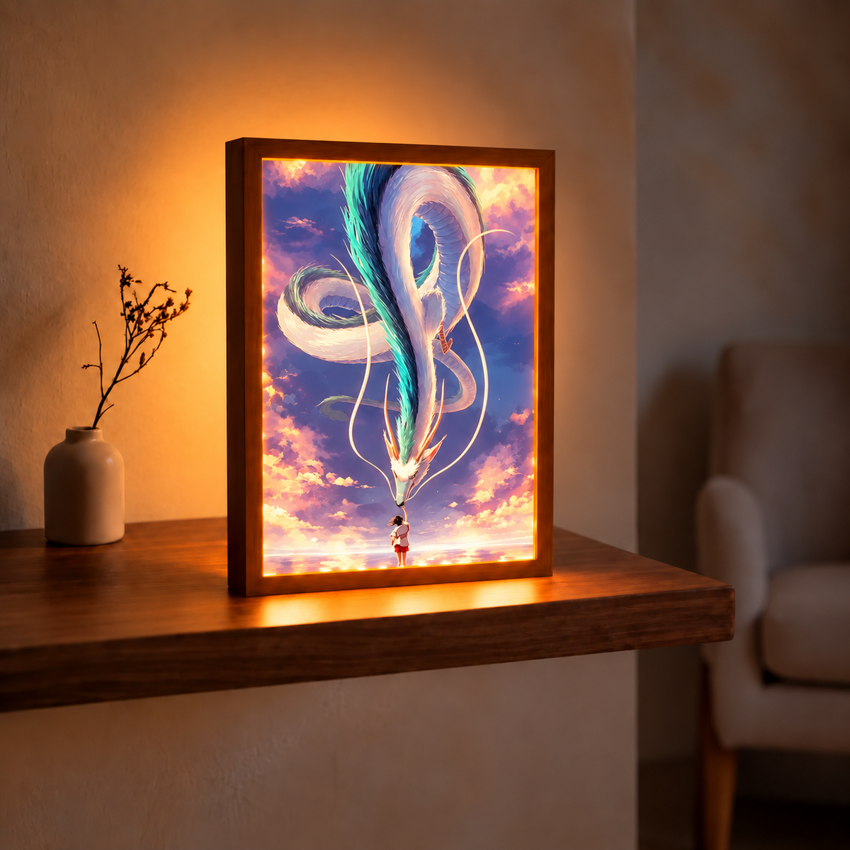 Spirit Dragon Encounter illuminated art displayed in a warm room