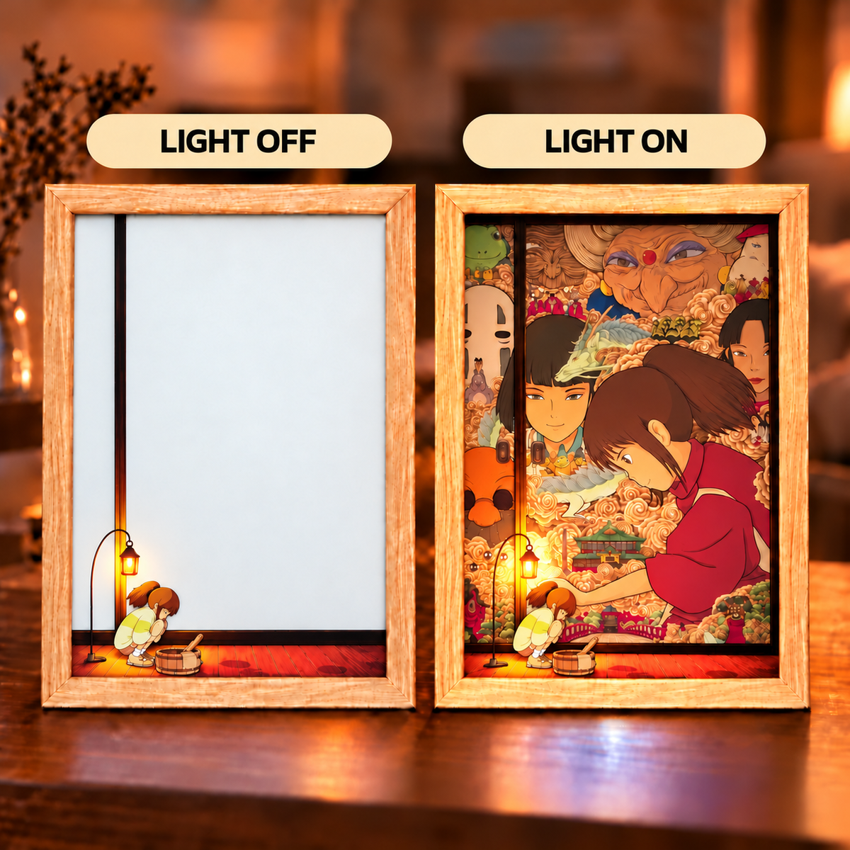 Spirited Away Hidden Memories light-off and light-on comparison with matching foreground Chihiro, lantern and basket positions