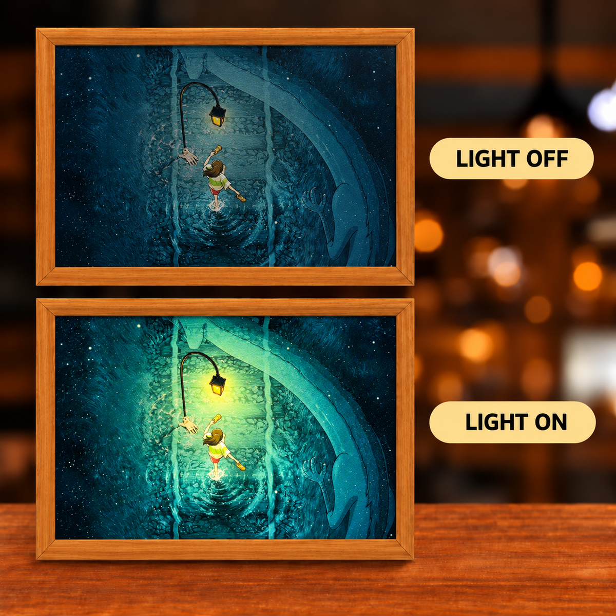 Spirited Away Lantern Path illuminated art — dark blue light-off artwork and teal light-on scene with Chihiro, Haku and a warm glowing lantern